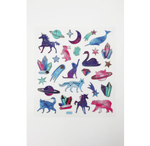Aufkleberbogen mit Sternbildmotiven wie Einhorn, Katze, Bär, Schwan, Wolf, Mond, Stern, Planet, Komet und Kristall