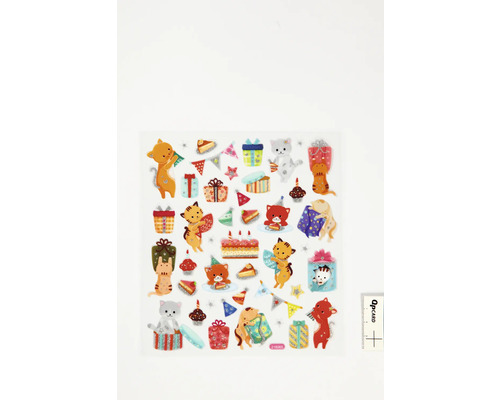 Aufkleberbogen mit Katzenmotiven, Geschenken und Geburtstagskuchen