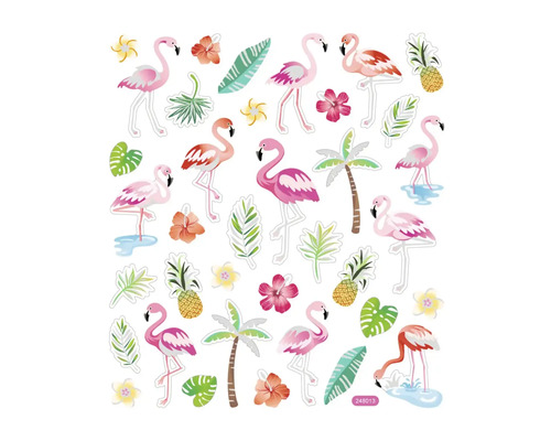 Dekorative Aufkleber mit Flamingos, Palmen, Blättern, Ananas und Blumenmotiven.