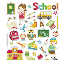 Aufkleber-Set mit Schulsymbolen wie Schulbus, Bücher und Schulkinder
