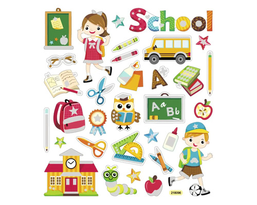 Aufkleber-Set mit Schulsymbolen wie Schulbus, Bücher und Schulkinder