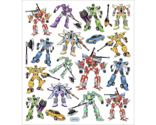 Abbildung verschiedener Roboter und Autos als Aufkleber