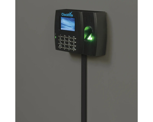 ClockRite Zeiterfassungssystem mit Fingerabdrucksensor und Tastenfeld zur Wandmontage.