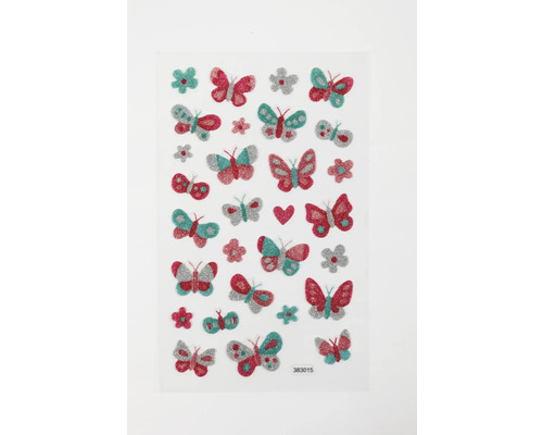 Glitzersticker mit Motiven aus Schmetterlingen, Blumen und einem Herz