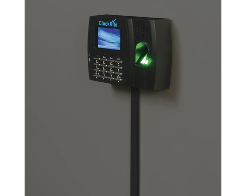 Système de pointage ClockRite avec lecteur d''empreintes digitales et clavier pour montage mural.