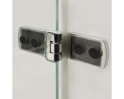 Vue détaillée d''une charnière de cabine de douche pour la fixation du verre.