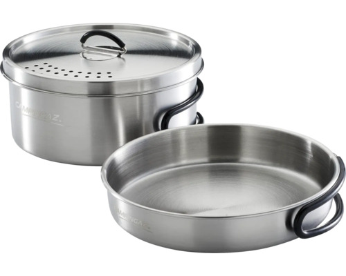 Batterie de cuisine Campingaz en acier inoxydable avec casserole, couvercle et poêle