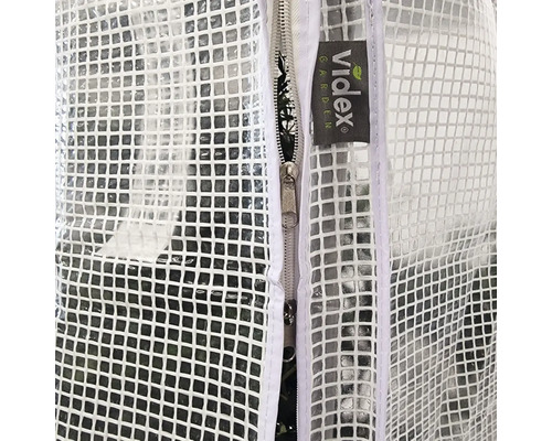 Vue détaillée d''une serre avec fermeture éclair et logo Videx Garden