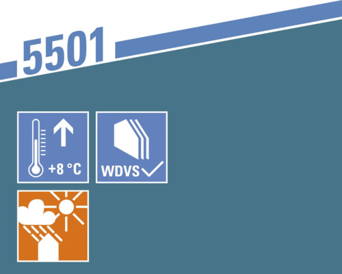 Symbole : Température de traitement à partir de 8 degrés Celsius. Symbole : Convient aux systèmes d’isolation thermique composite. Symbole : Résistant aux intempéries