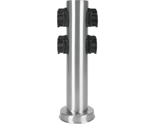 Absperrpfosten aus Edelstahl mit vier schwarzen Kassetten