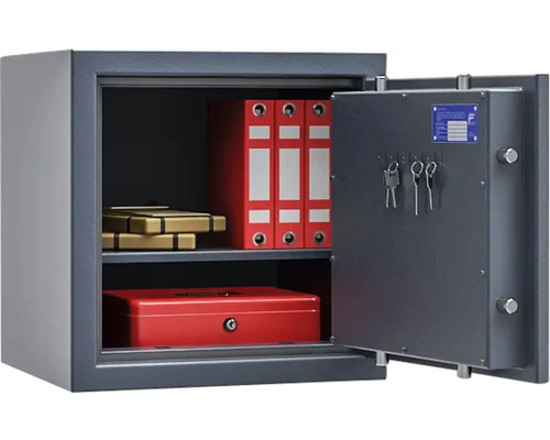 Coffre-fort ouvert avec classeur rouge, coffret et clés à l''intérieur de la porte.