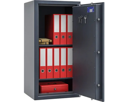 Coffre-fort ouvert avec des dossiers et des crochets à clés sur la porte