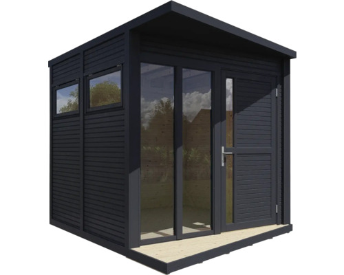 Abri de jardin avec fenêtre et porte sur une terrasse en bois