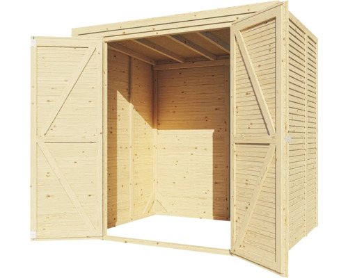 Abri de jardin ouvert en bois avec portes battantes
