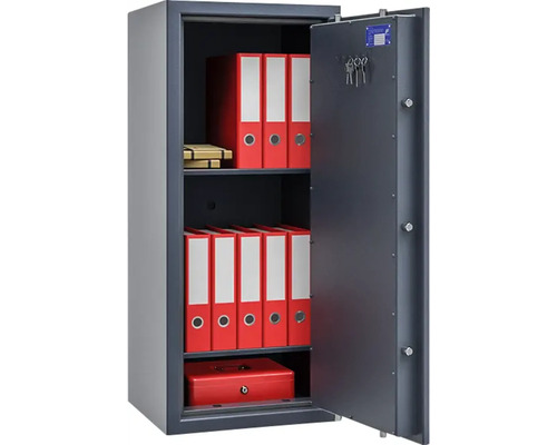 Coffre-fort ouvert avec classeurs et clés