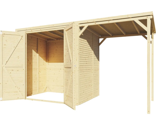 Abri de jardin en bois avec portes doubles ouvertes et auvent