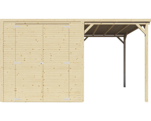 Abri de jardin en bois avec double porte et espace couvert
