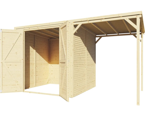 Abri de jardin en bois avec double porte et terrasse couverte