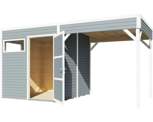 Abri de jardin avec double porte ouverte et espace couvert.