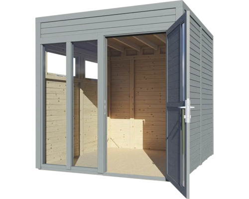 Abri de jardin moderne avec porte coulissante et porte double en bois