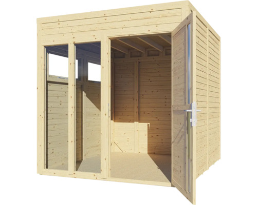 Maison de jardin en bois avec portes et fenêtres ouvertes