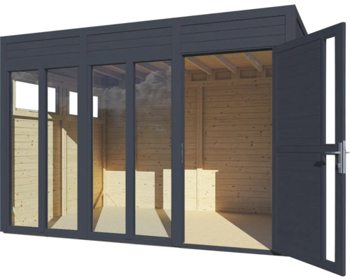 Abri de jardin moderne avec de grandes façades de fenêtres et une double porte ouverte.