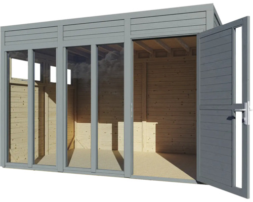 Abri de jardin moderne avec portes coulissantes vitrées et porte double