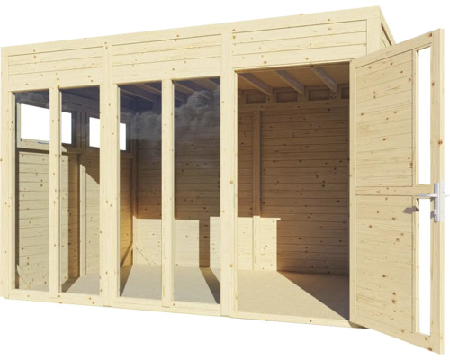 Abri de jardin en bois avec fenêtres et portes ouvertes