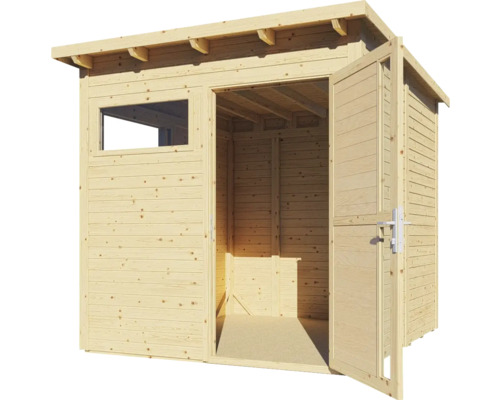Abri de jardin en bois avec fenêtre et portes doubles ouvertes