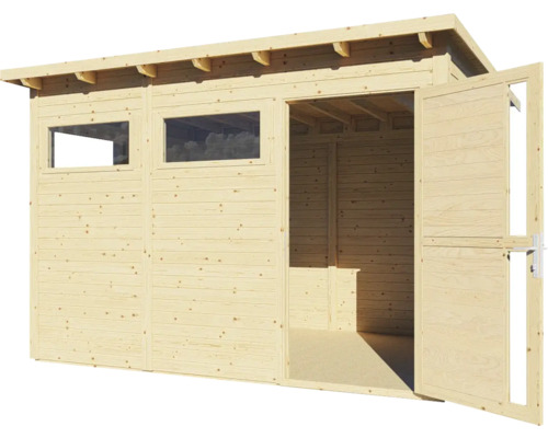 Abri de jardin en bois avec fenêtres et portes ouvertes