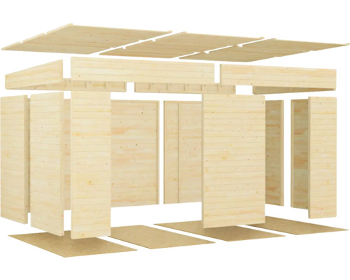 Schéma éclaté d''une cabane de jardin en bois avec éléments de toit, éléments de mur et éléments de sol