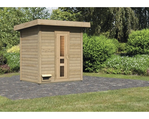 Chalet sauna Karibu Talos 1 sans poêle sans zone d'entrée avec porte en bois et verre isolant Sauna en bois avec porte en verre dans le jardin