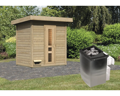 Chalet sauna Karibu Talos 1 avec poêle 9 kW et commande intégrée sans zone d'entrée avec porte en bois et verre isolant Sauna extérieure en bois avec poêle de sauna dans le jardin