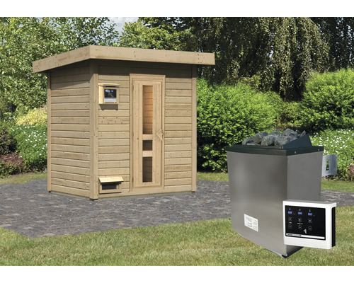 Chalet sauna Karibu Talos 1 avec poêle 9 kW et commande ext. sans zone d'entrée avec porte en bois et verre isolant Sauna en bois avec poêle de sauna dans le jardin
