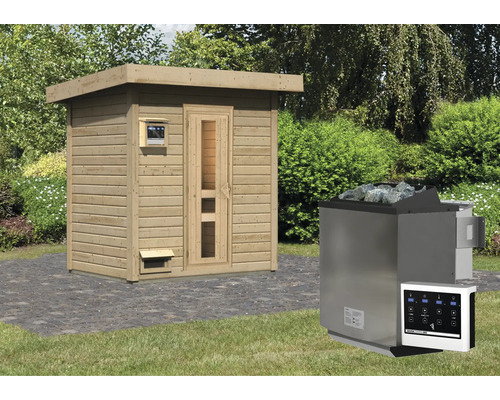 Chalet sauna Karibu Talos 1 avec poêle bio 9 kW et commande ext. sans zone d'entrée avec porte en bois et verre isolant Sauna en bois avec poêle de sauna et commande
