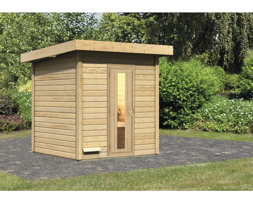 Chalet sauna Karibu Talos 2 sans poêle sans zone d'entrée avec porte en bois et verre isolant Sauna en bois avec porte en verre dans le jardin