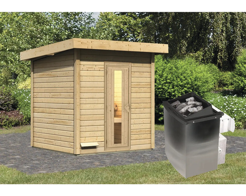 Chalet sauna Karibu Talos 2 avec poêle 9 kW et commande intégrée sans zone d'entrée avec porte en bois et verre isolant