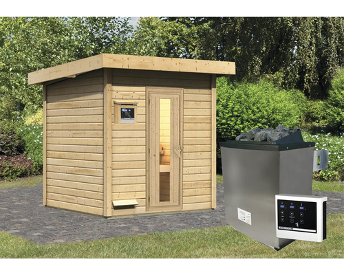 Chalet sauna Karibu Talos 2 avec poêle 9 kW et commande ext. sans zone d'entrée avec porte en bois et verre isolant Sauna en bois avec poêle de sauna et commande pour le jardin