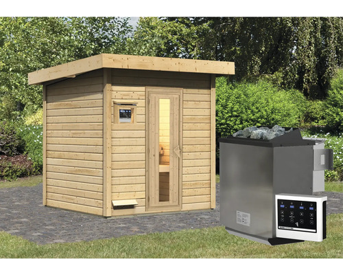 Chalet sauna Karibu Talos 2 avec poêle bio 9 kW et commande ext. sans zone d'entrée avec porte en bois et verre isolant Sauna en bois avec poêle de sauna et commande dans le jardin
