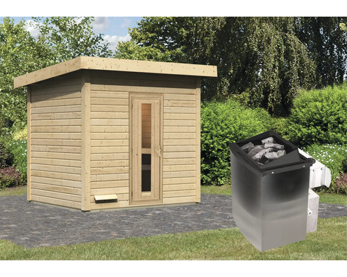 Chalet sauna Karibu Talos 3 avec poêle 9 kW et commande intégrée sans zone d'entrée avec porte en bois et verre isolant Sauna en bois avec poêle de sauna pour le jardin