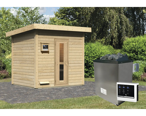 Chalet sauna Karibu Talos 3 avec poêle 9 kW et commande ext. sans zone d'entrée avec porte en bois et verre isolant Sauna extérieure avec poêle de sauna et commande dans le jardin