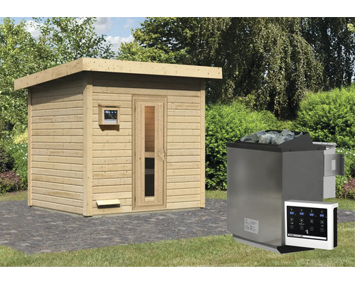 Chalet sauna Karibu Talos 3 avec poêle bio 9 kW et commande ext. sans zone d'entrée avec porte en bois et verre isolant Sauna extérieure avec revêtement en bois et poêle de sauna