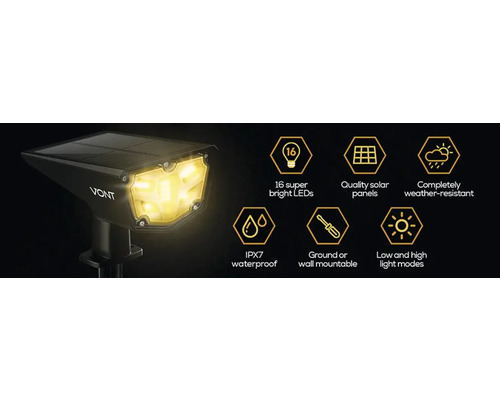 Vont Logo, Solarlampe mit 16 superhellen LEDs, hochwertigen Solarzellen, wetterfest, IPX7 wasserdicht, zur Boden- oder Wandmontage, niedrige und hohe Lichtmodi