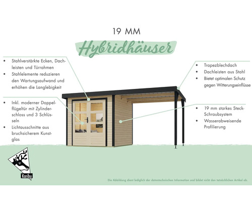 Abbildung eines Gartenhauses mit Stahlverstärkten Ecken, Trapezblechdach und einer Doppelflügeltür