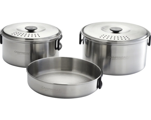 Campingset aus Edelstahl mit Deckel und Griffen