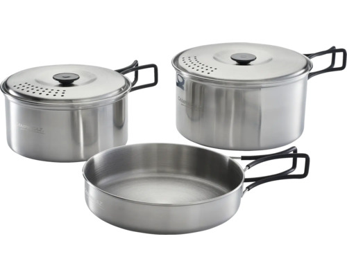 Campingaz Kochgeschirrset aus Edelstahl mit zwei Töpfen und einer Bratpfanne