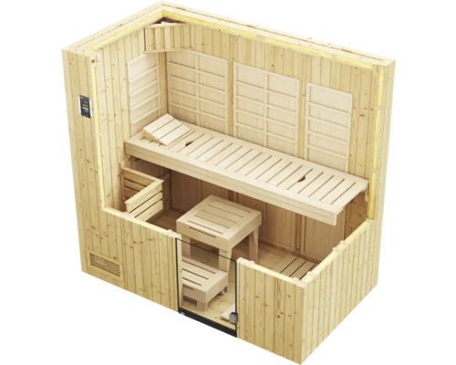 Sauna intérieure avec bancs, tabouret et commande