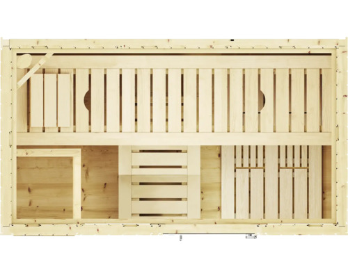Vue intérieure d''un sauna en bois avec bancs et étagères