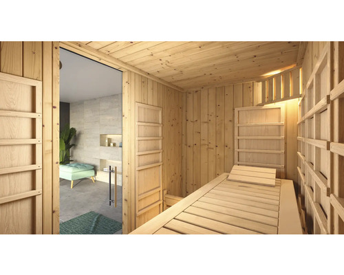 Holzsauna mit Liegefläche und angrenzendem Badezimmer