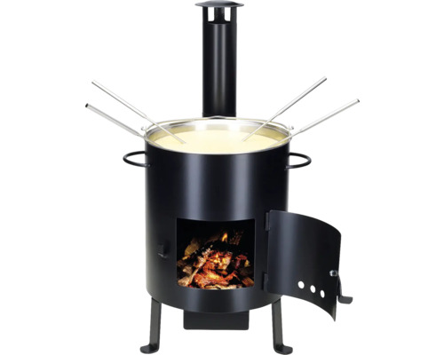 Fondueofen mit Holzfeuerstelle, Topf und Fonduegabeln.